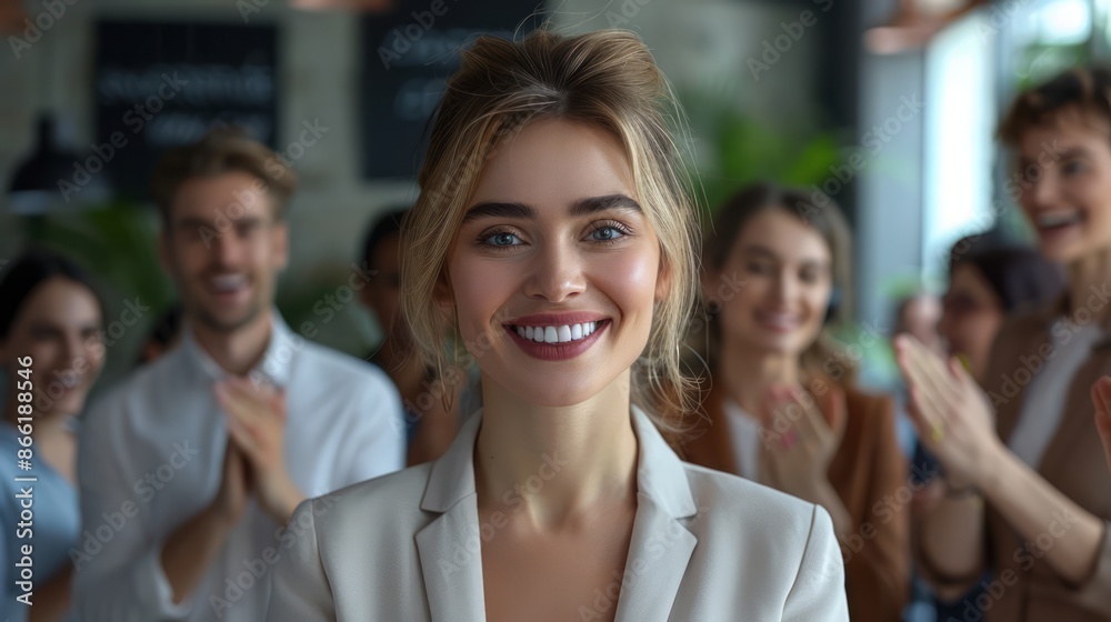 a businesswoman celebrating a successful project completion in a hyperrealistic office setting, her face beaming with happiness, surrounded by colleagues applauding, with ample copy space for text a businesswoman celebrating a successful project completion in a hyperrealistic office setting, her face beaming with happiness, surrounded by colleagues applauding, with ample copy space for text