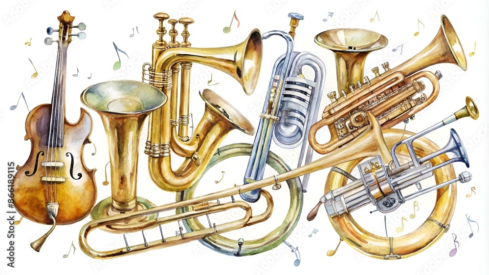Watercolor Hand drawn sketch illustration of Wind instruments set with ...