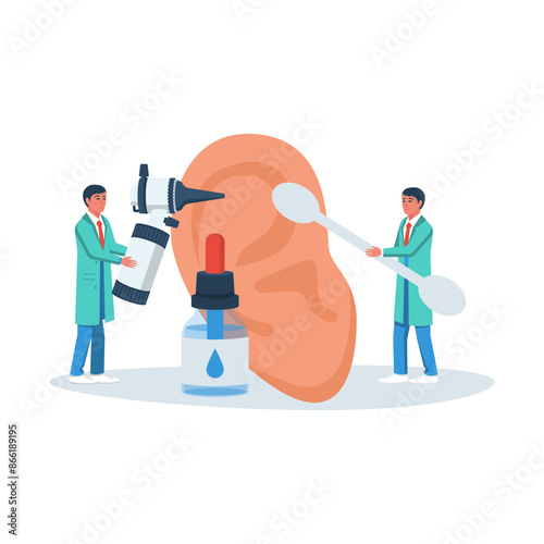 Ear treatment. Landing page, medical clinic template. Group of doctors with diagnostic equipment. Health check. Otolaryngology concept. Vector illustration flat design. Ears problem.