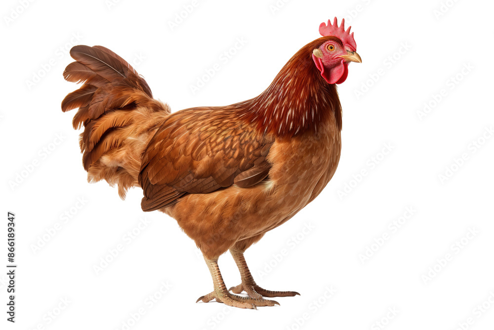 Majestic Rooster Perched on a Snowy Plain on White or PNG Transparent Background. Majestic Rooster Perched on a Snowy Plain on White or PNG Transparent Background.