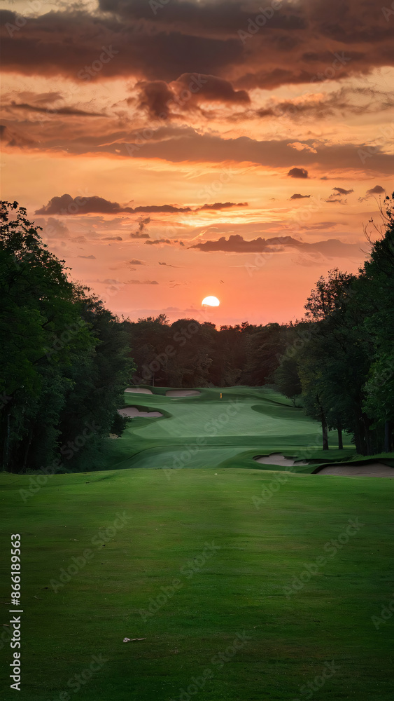an image of a beautiful par 5 golf fairway against sunset backdrop an image of a beautiful par 5 golf fairway against sunset backdrop