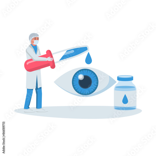 The doctor drops medicine into the eye with a pipette. Pipette in hand. Eye treatment. Drop of medicine. Vector illustration flat design. Isolated on white background.