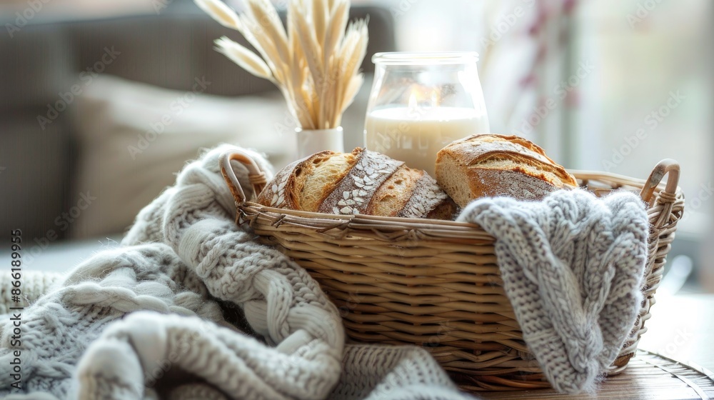 Knitted basket with homemade bread and milk on table Handmade kitchen decoration with space for text Healthy breakfast idea