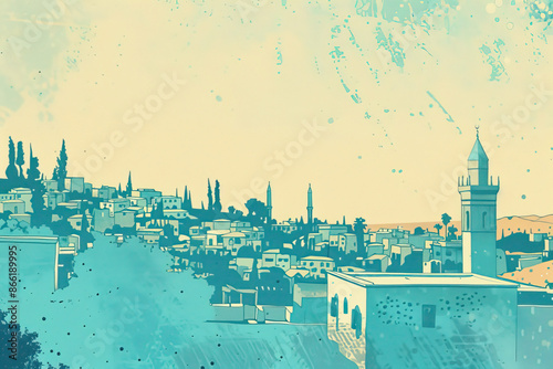 Risograph riso print travel poster, card, wallpaper or banner illustration, modern, isolated, clear and simple of Damascus, Syria. Artistic, screen printing, stencil backdrop background photo
