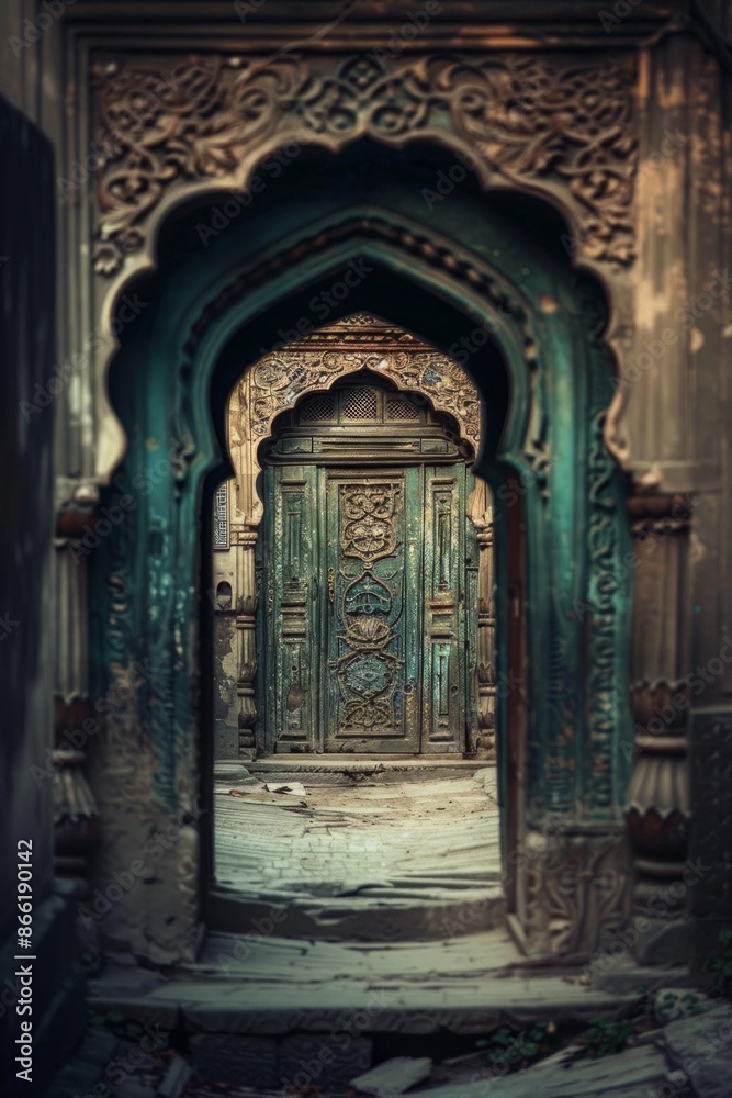 An ornate doorway with intricate carvings, with a softly blurred background of a historic building or alley An ornate doorway with intricate carvings, with a softly blurred background of a historic building or alley
