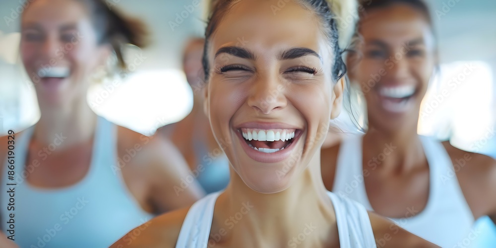 Fototapeta premium Friends laughing and working out together at the gym as a group. Concept Fitness, Group Exercise, Friendship, Workout Motivation, Gym Buddies