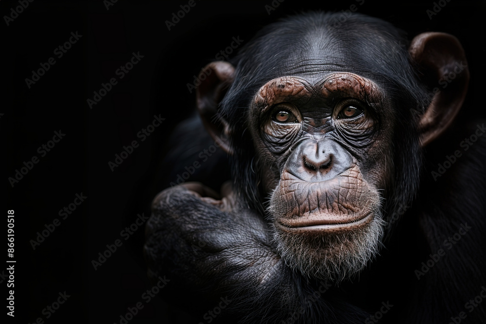 portrait studio gros plan d'un chimpanzé au regard humain sur fond noir portrait studio gros plan d'un chimpanzé au regard humain sur fond noir