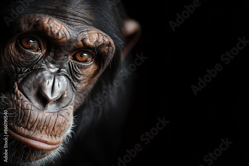 portrait studio gros plan d'un chimpanzé au regard humain sur fond noir photo