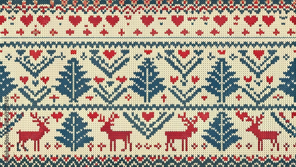 Christmas seamless pattern, card - Scandinavian sweater style. Cute Christmas background - Xmas trees, deers, hearts and snowflakes. Design for textile, wallpaper, web, fabric, decor etc. Christmas seamless pattern, card - Scandinavian sweater style. Cute Christmas background - Xmas trees, deers, hearts and snowflakes. Design for textile, wallpaper, web, fabric, decor etc.