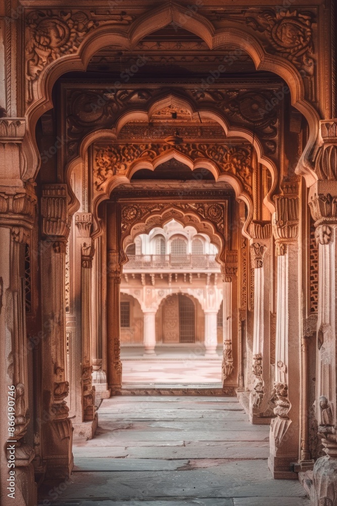 Fototapeta premium An ornate doorway with intricate carvings, with a softly blurred background of a historic building or alley