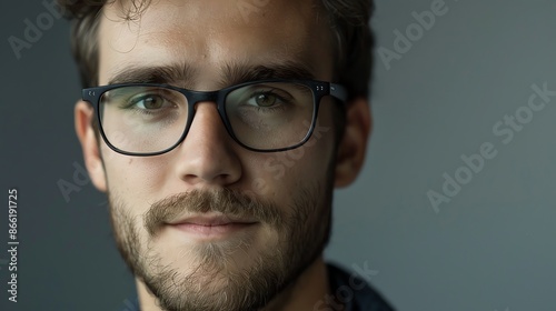 Close-up portrait of a young man with glasses and a beard looking at the camera.