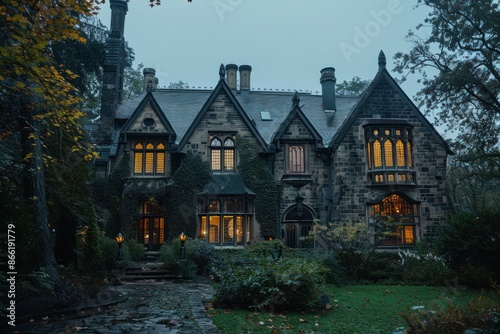 Mysterious Stone House with Glowing Windows