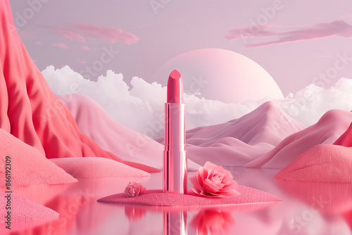 A lipstick product mockup photography with a fantasy pink landscape background in the minimalist surrealistic style of a dreamy atmosphere.