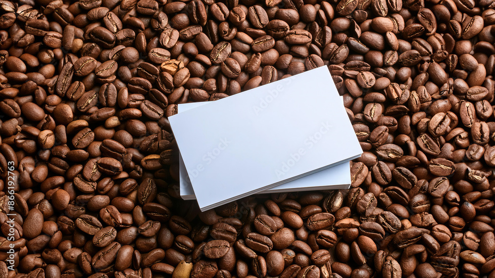 A plain white business card placed on a pile of coffee beans. This blank business card can serve as a great mockup for marketing and business needs. A plain white business card placed on a pile of coffee beans. This blank business card can serve as a great mockup for marketing and business needs.