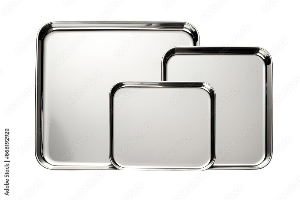 Gleaming Trio: A Symphony of Metal Trays on White or PNG Transparent Background. Gleaming Trio: A Symphony of Metal Trays on White or PNG Transparent Background.