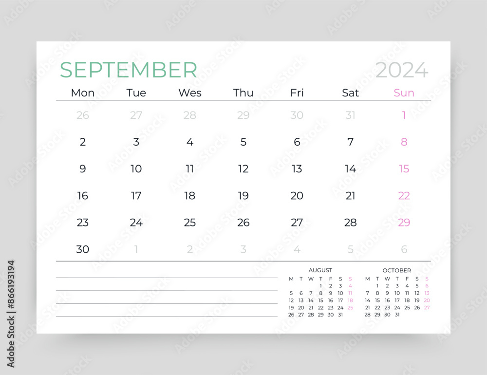 Calendar for September 2024 year. Planner calender template. Week starts Monday. Desk monthly organizer. Schedule grid. Timetable layout. Vector simple illustration. Corporate diary. Paper size A5 Calendar for September 2024 year. Planner calender template. Week starts Monday. Desk monthly organizer. Schedule grid. Timetable layout. Vector simple illustration. Corporate diary. Paper size A5