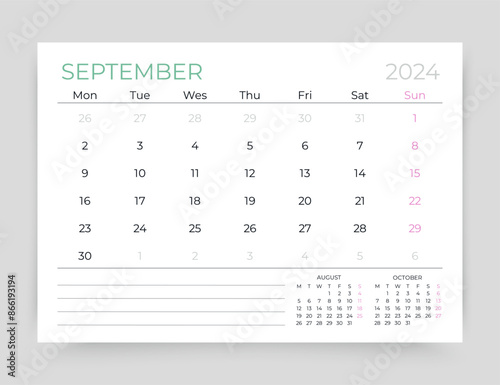 Calendar for September 2024 year. Planner calender template. Week starts Monday. Desk monthly organizer. Schedule grid. Timetable layout. Vector simple illustration. Corporate diary. Paper size A5