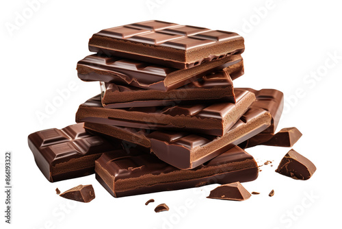 Chocolate bar stack, broken milk and dark chocolate pieces with crumbs. Sweet dessert ingredient for baking and snack packaging isolated on Transparent Background