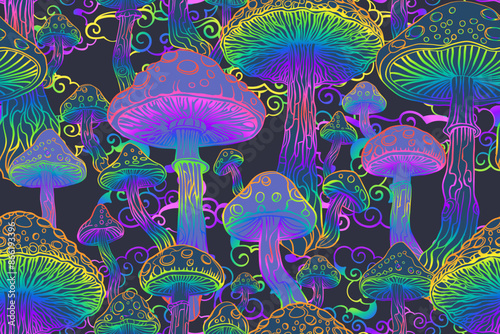 Psychedelic magic glowing mushrooms. Seamless pattern - goa trance music, hanging out, shindig, going out, the gang, rave, get together, culture. Hippie. Hashish. 60s