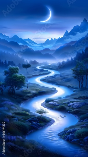 A surreal landscape with a glowing river winding through misty valleys, illuminated by a spectral moon hanging low in the sky. List of Art Media by glowing mist Supernatural fantasy twist realistic photo