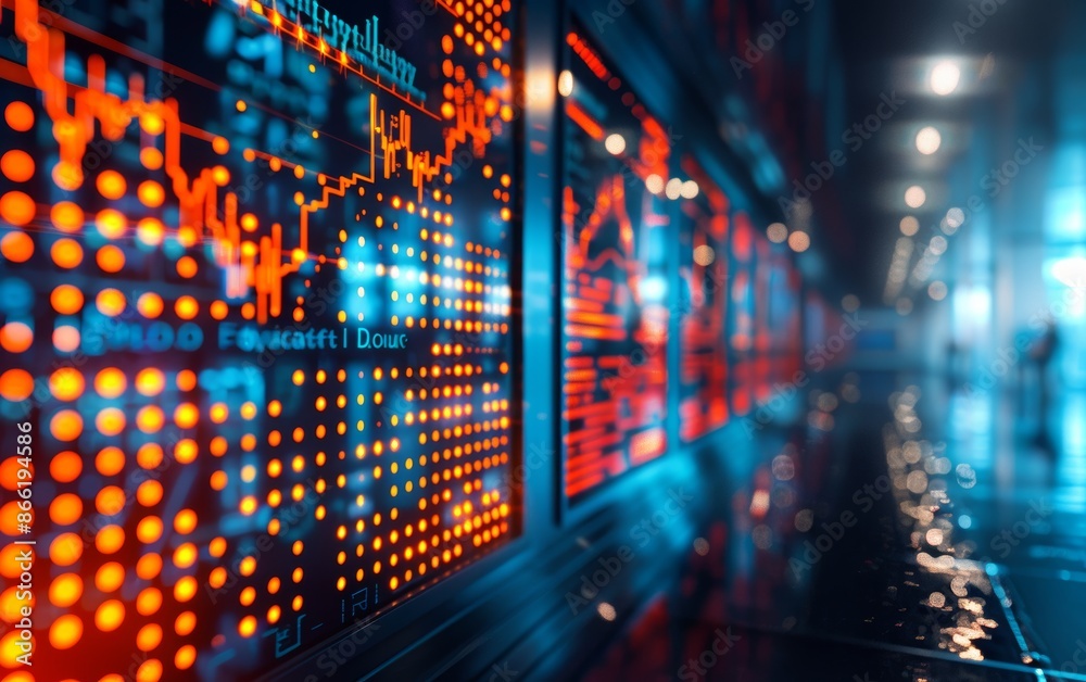 Fototapeta premium Abstract digital display with glowing data and graphs, representing technology, finance, and information.