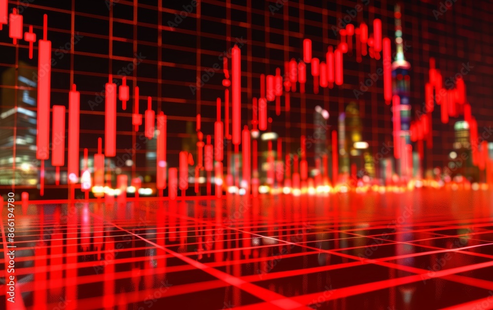 Red stock market graph with cityscape in the background, reflecting on a tiled surface. Red stock market graph with cityscape in the background, reflecting on a tiled surface.