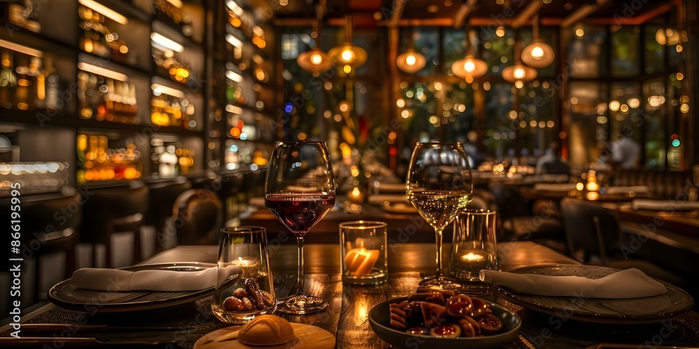 Elegant Restaurant Offering Tapas Canapés and Romantic Ambiance in Soft Lighting. Concept Fine Dining, Spanish Cuisine, Romantic Atmosphere, Gourmet Tapas, Elegant Setting