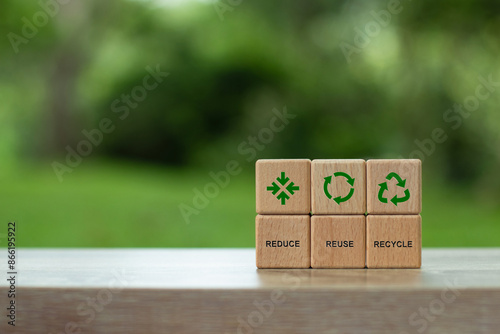 Quadro em tela Reduce, reuse, recycle symbol on wooden blocks