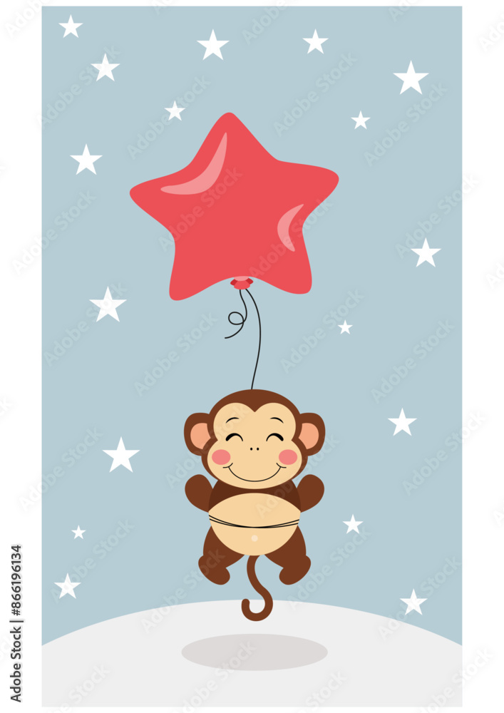 Funny illustration of a cute monkey flying with a star-shaped balloon Funny illustration of a cute monkey flying with a star-shaped balloon