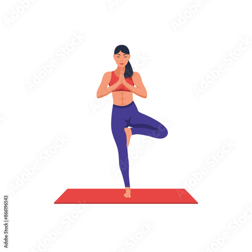 Beautiful young woman yoga instructor doing vrikshasana on a mat. Young girl does yoga. Meditation concept. Relaxation and rest. Healthy lifestyle. Vector illustration flat design.