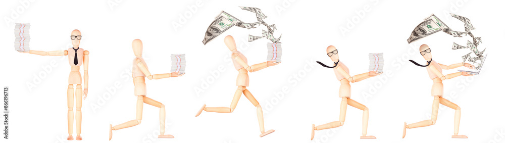 Assortment of wooden mannequins in different stances, isolated on white backdrop Assortment of wooden mannequins in different stances, isolated on white backdrop