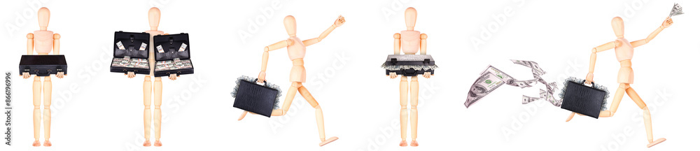 Assortment of wooden mannequins in different stances, isolated on white backdrop Assortment of wooden mannequins in different stances, isolated on white backdrop