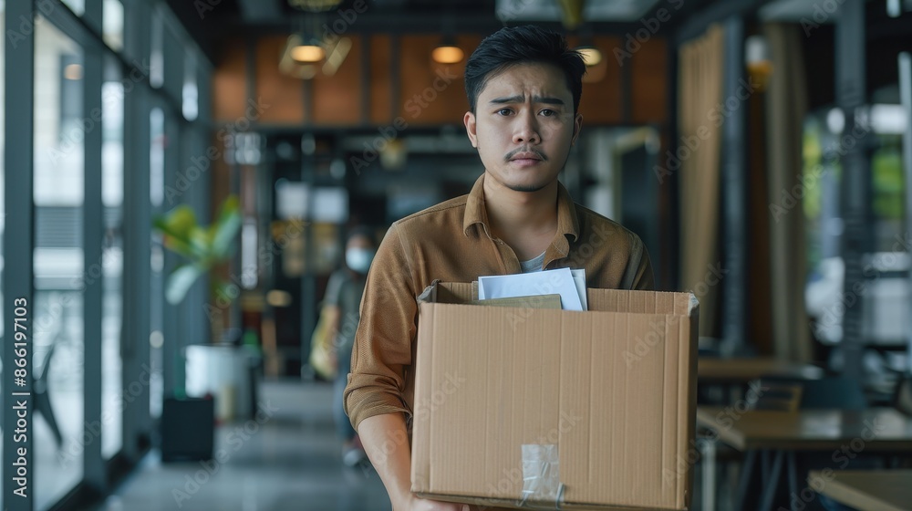 Man leaves office, holding a box of belongings Man leaves office, holding a box of belongings