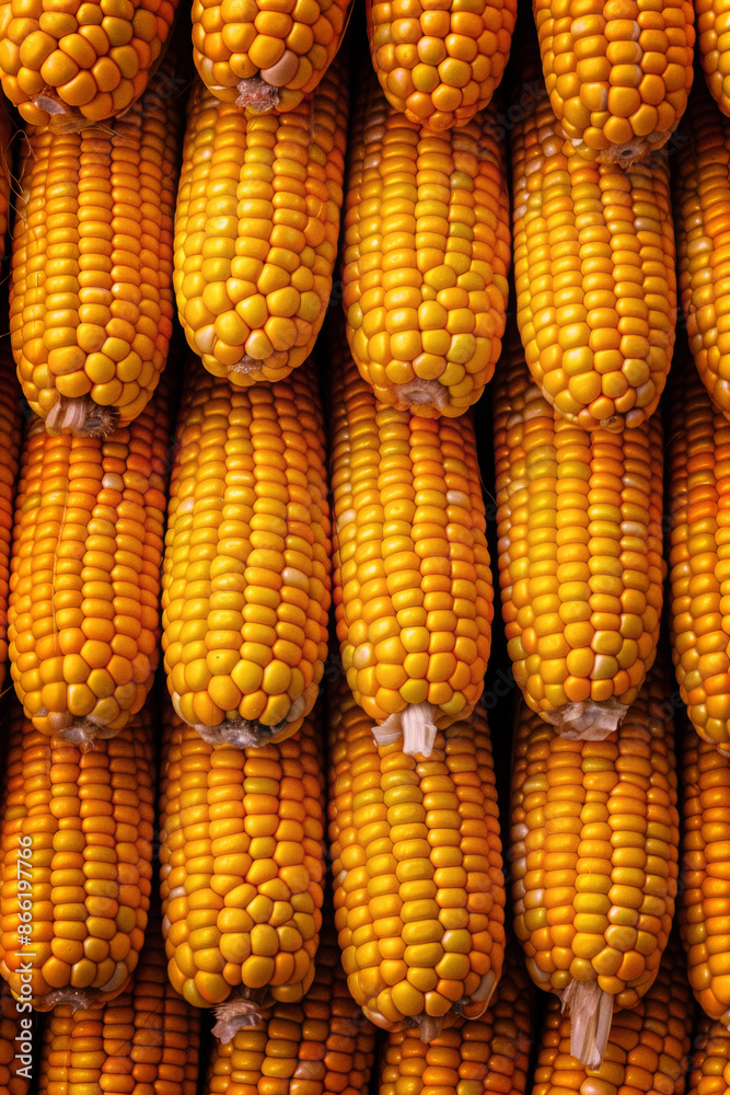 This image focuses on a close-up view of several neatly stacked ripe corn cobs, showcasing their vibrant yellow kernels and the textured patterns of the corn. This image focuses on a close-up view of several neatly stacked ripe corn cobs, showcasing their vibrant yellow kernels and the textured patterns of the corn.