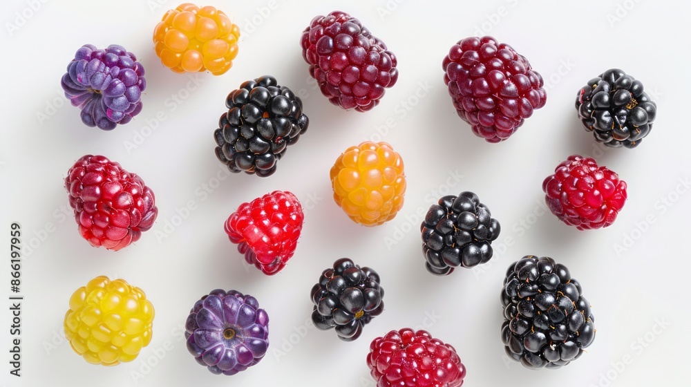 Photo from above with multi-colored berry objects. To show off the colorful contrast of the blackberry white background color. Photo from above with multi-colored berry objects. To show off the colorful contrast of the blackberry white background color.