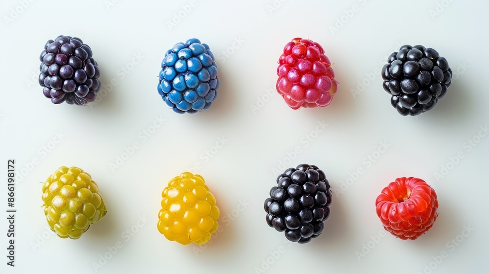Photo from above with multi-colored berry objects. To show off the colorful contrast of the blackberry white background color. Photo from above with multi-colored berry objects. To show off the colorful contrast of the blackberry white background color.