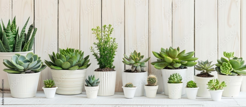 Green indoor plants in pots, succulents on a pristine white wooden background Green indoor plants in pots, succulents on a pristine white wooden background