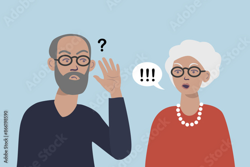 Age-related hearing loss, senior couple having trouble communicating.