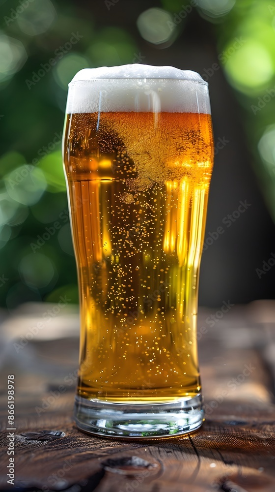 Golden Foam Topped Beer Glass on Rustic Wooden Table with Blurred Natural Background Golden Foam Topped Beer Glass on Rustic Wooden Table with Blurred Natural Background