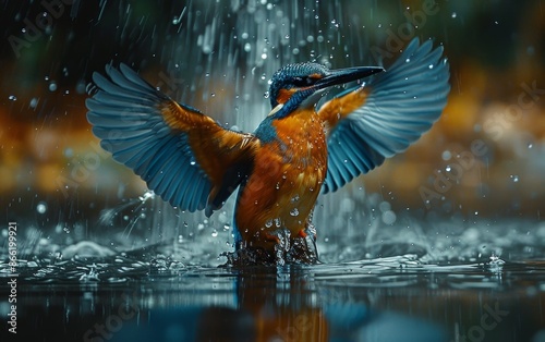 Kingfisher Emerging From Water With Wings Spread © Umar