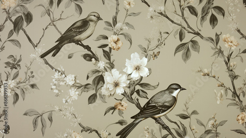 an elegant and perfectly evenly balanced pattern of birds, flowers, and vines in the vintage wallpaper style.seamless patterns.
