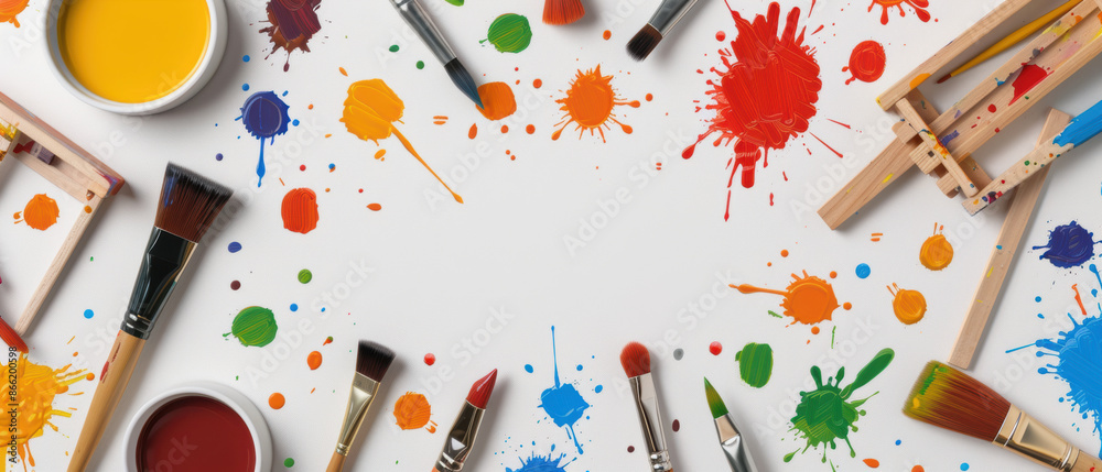 Art class pattern with paint splatters, brushes, and easels, vibrant and colorful, sketch style Art class pattern with paint splatters, brushes, and easels, vibrant and colorful, sketch style