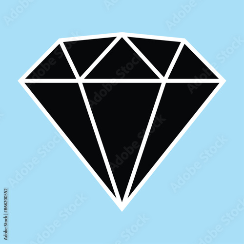 Diamond icon isolated on blue background vector illustration. Flat black vector design. Jewelry, gem, luxury and rich symbol. Black icon diamond symbol. Jewelry shop sign. Jewelry logo design.