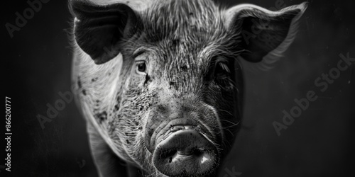  A black and white photo of a pig's face with its nose to the side of the pig's head