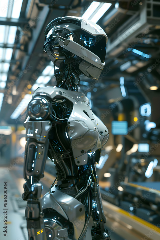 Futuristic Android in a High-Tech Environment Surrounded by Digital Screens and Holographic Displays Futuristic Android in a High-Tech Environment Surrounded by Digital Screens and Holographic Displays