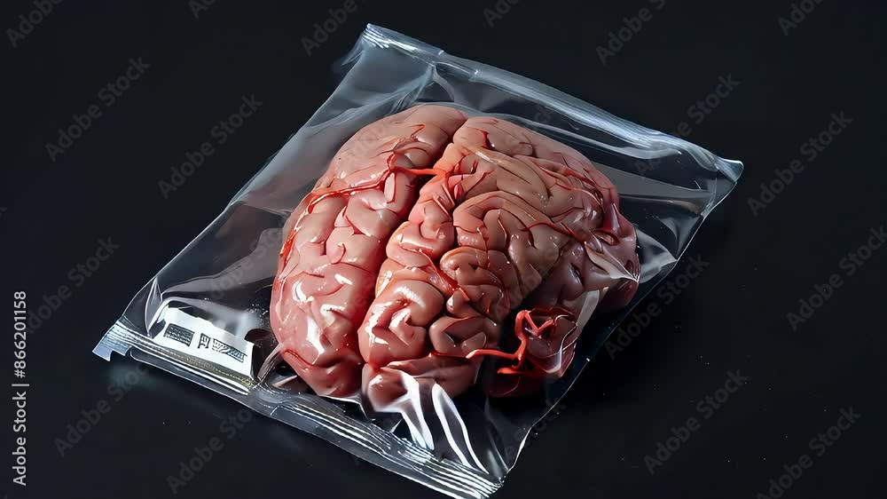 Brain Meat Packing A studio product photo of a translucent ziplock bag with a brain inside ...