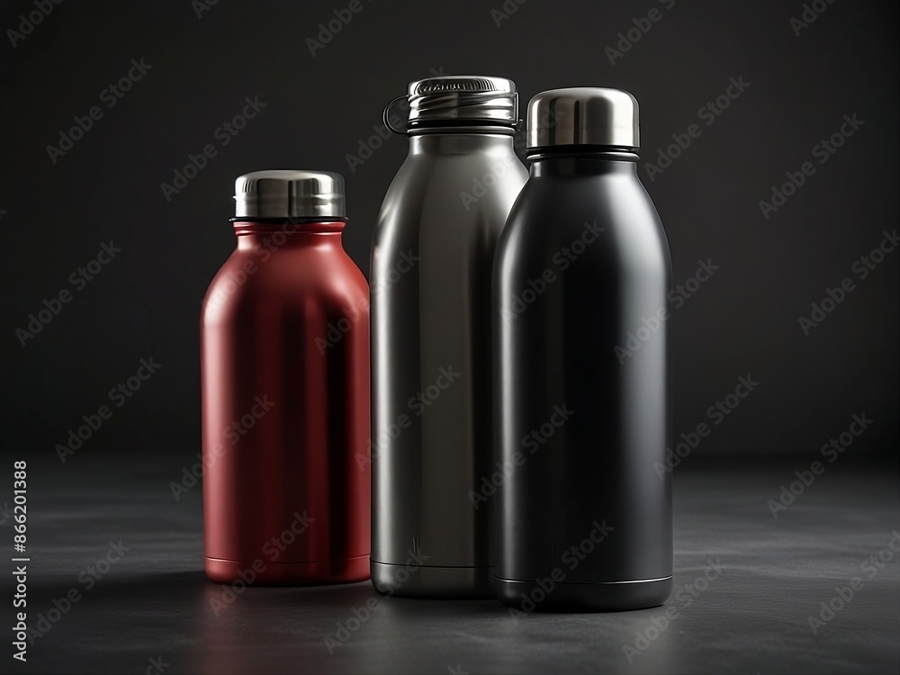 Collection of unique futuristic metal sports water bottles featuring a range of colors and finishes on a dark gray backdrop Collection of unique futuristic metal sports water bottles featuring a range of colors and finishes on a dark gray backdrop
