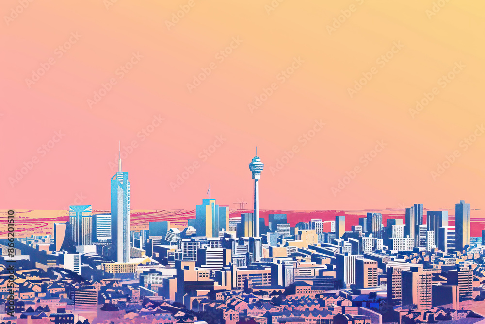 Fototapeta premium Risograph riso print travel poster, card, wallpaper or banner illustration, modern, isolated, clear and simple of Johannesburg, South Africa. Artistic, screen printing, stencil digital duplication