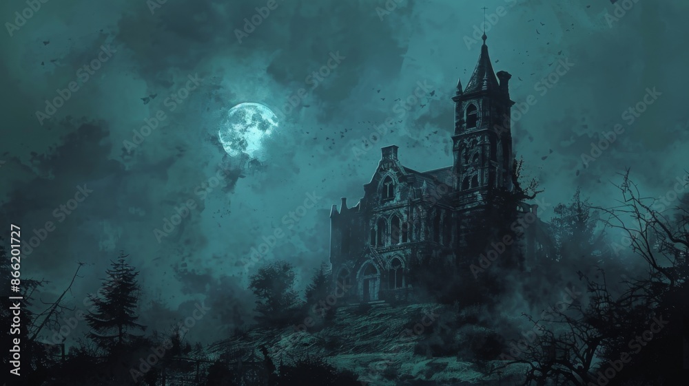 Haunted House Under a Full Moon. A Spooky and Atmospheric Scene Haunted House Under a Full Moon. A Spooky and Atmospheric Scene