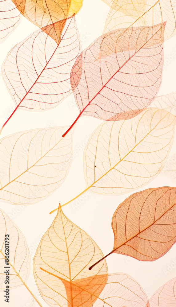 Obraz premium This image showcases a collection of delicate, translucent skeleton leaves in vibrant autumn hues, highlighting their intricate vein patterns and natural beauty.